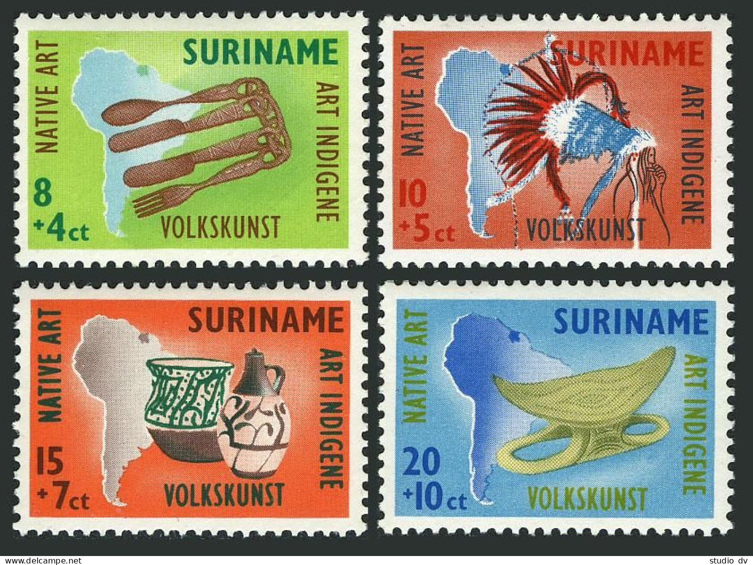 Surinam B69-B72, MNH. Mi 371-374. Native Art, 1960. Map, Carved Eating Utensils, - Suriname