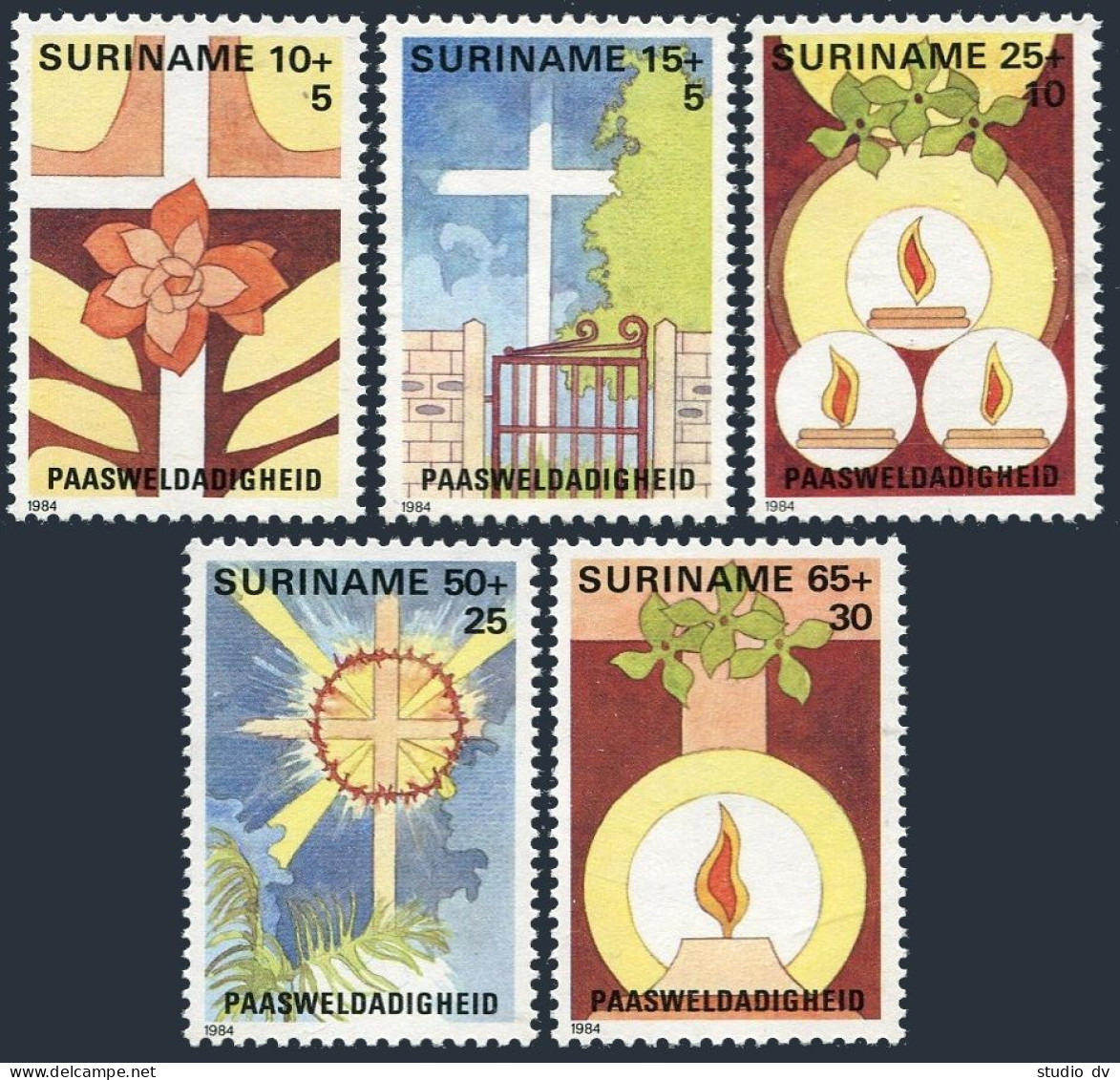 Surinam B309-B313, MNH. Mi 1075-1079. Easter 1984. Cross,Rose, Cemetery,Candles, - Suriname