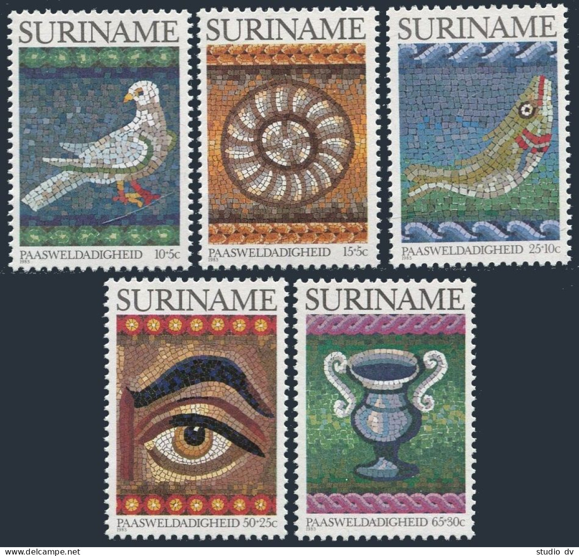 Surinam B299-B303, MNH. Mi 1021-1025. Easter 1983. Mosaic Symbols: Dove, Bread, - Suriname