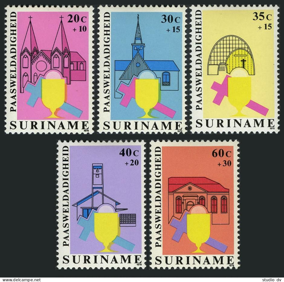 Surinam B256-B260, MNH. Mi 864-868. Easter 1979. Cross, Chalice, Churches. - Surinam