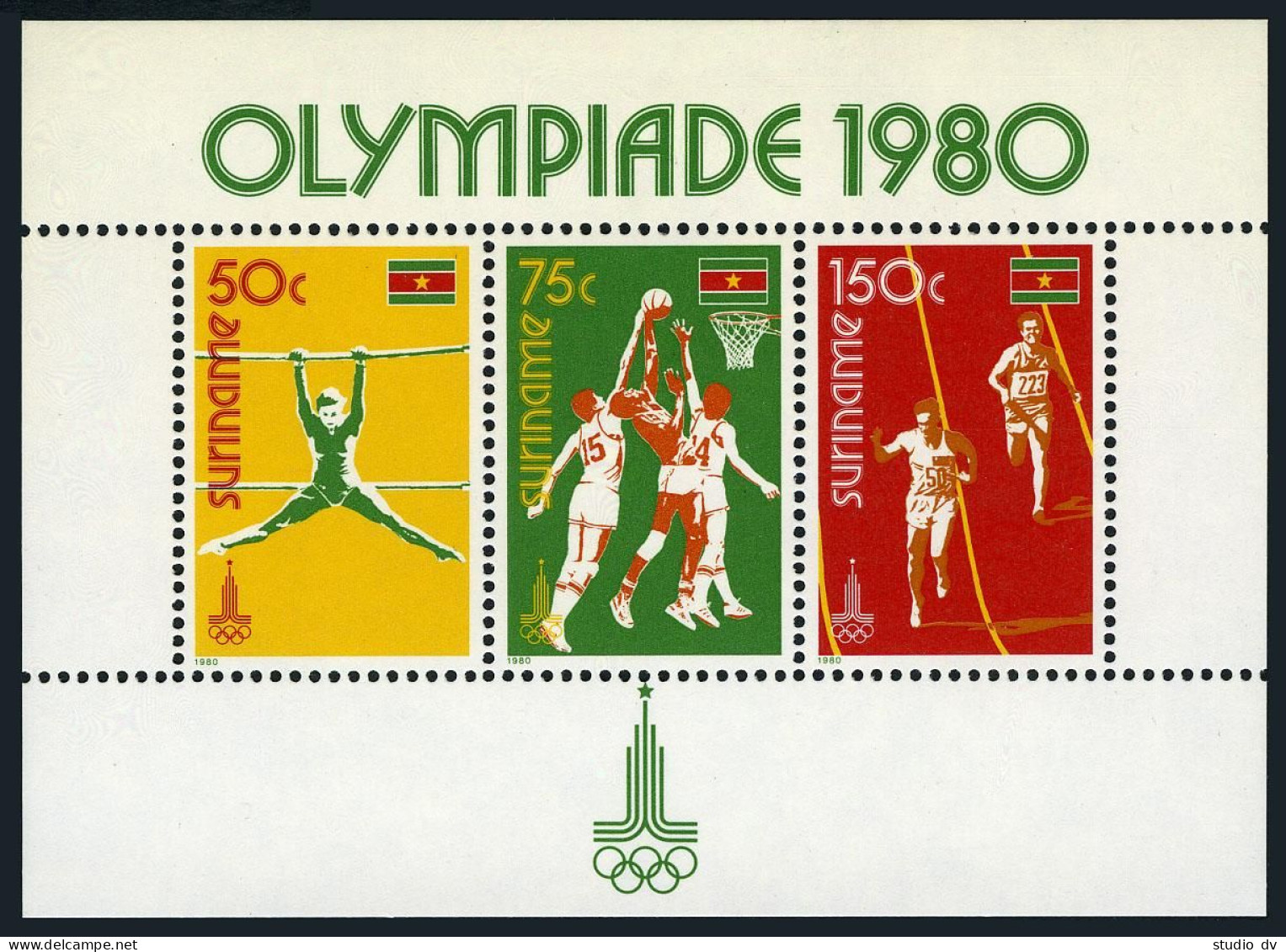 Surinam 552-556, 556a Sheet, MNH. Michel 905-909, Bl.25. Olympics Moscow-1980. - Suriname