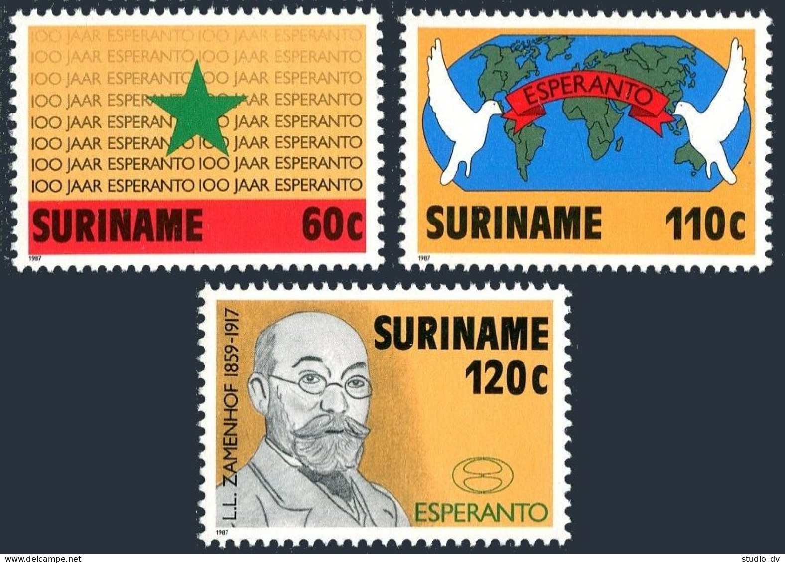 Surinam 759-761, MNH. Michel 1198-1200. Esperanto-100, 1987. Zamenhof. Birds. - Suriname