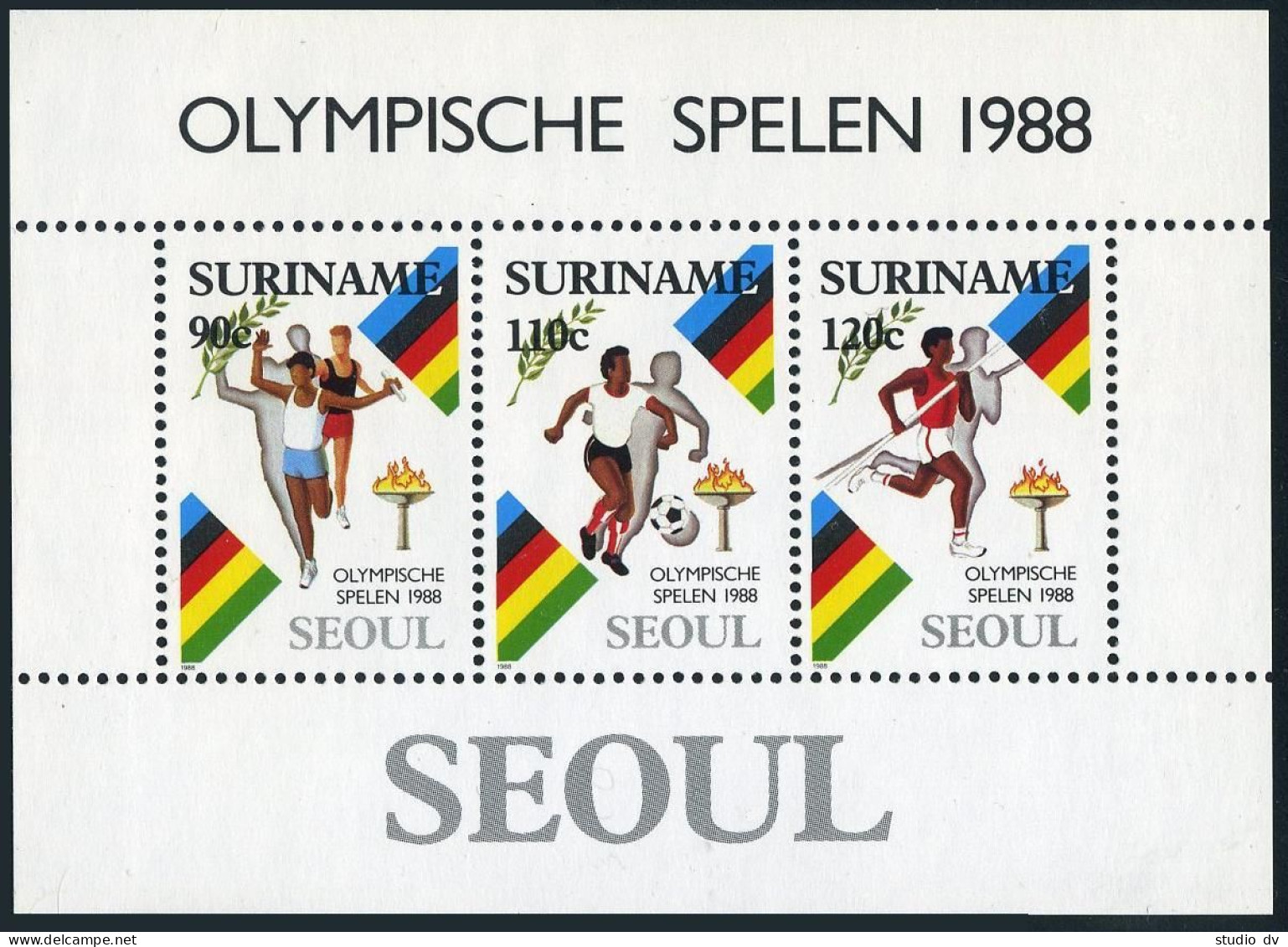 Surinam 814a, MNH. Michel Bl.47. Olympics Seoul-1988: Relay, Soccer, Pole Vault. - Surinam