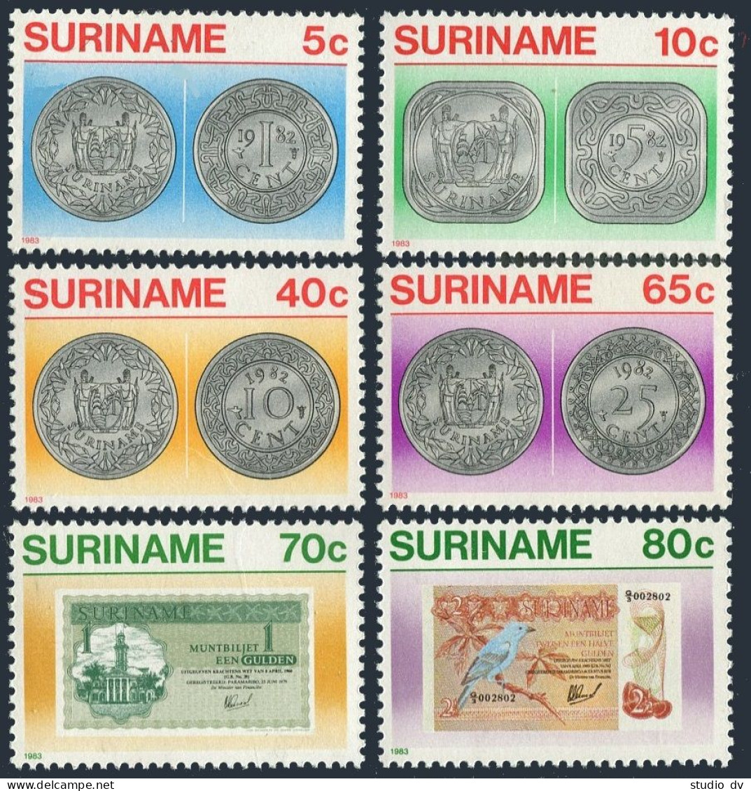 Surinam 635-640, MNH. Michel 1032-1037. Coins, Banknotes 1983. Bird. - Surinam