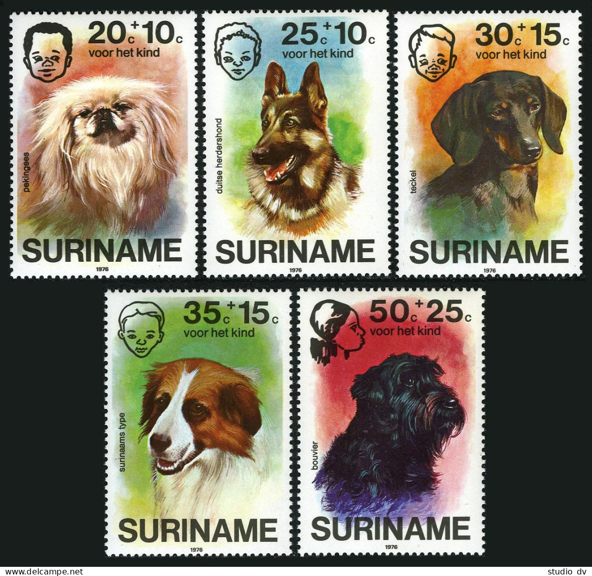 Surinam B231-B235, B233a, MNH. Mi 738-742,Bl.17. Dogs 1976. Pekingese,Dachshund, - Surinam