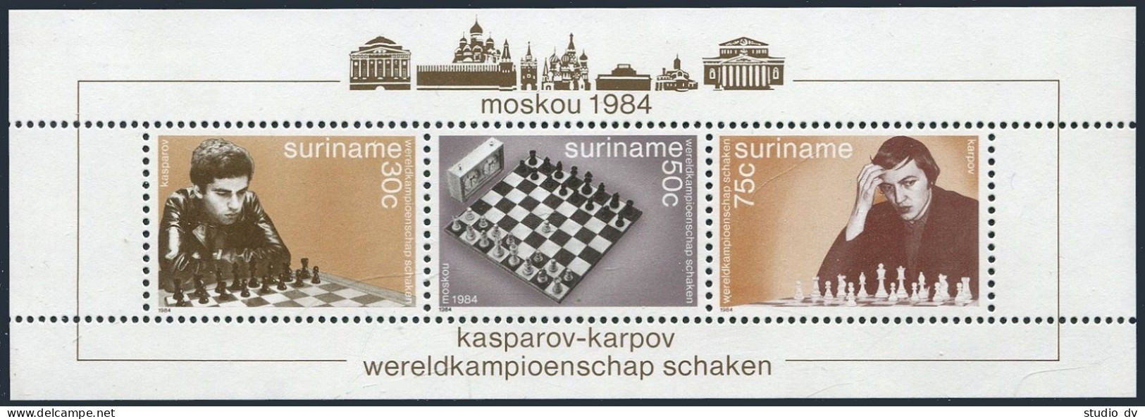 Surinam 689-694, 693a, MNH. Mi 1100-1105,Bl.38. Chess Championship 1984. Karpov - Suriname