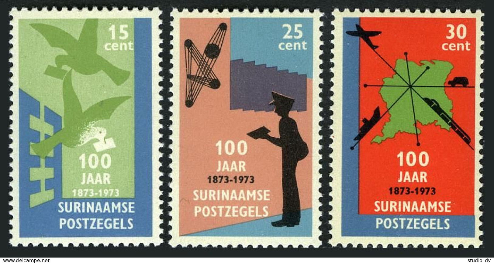 Surinam 408-410, MNH. Mi 663-665. Stamps Of Suriname-100, 1973. Pigeon,Ship,Map, - Surinam