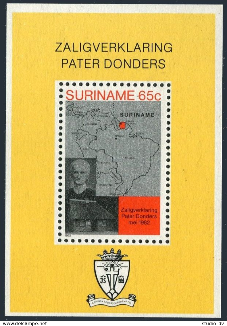 Surinam 598-599, 599a, MNH. Mi 985-986, Bl.33. Father Petrus Donders. Map. 1982. - Surinam