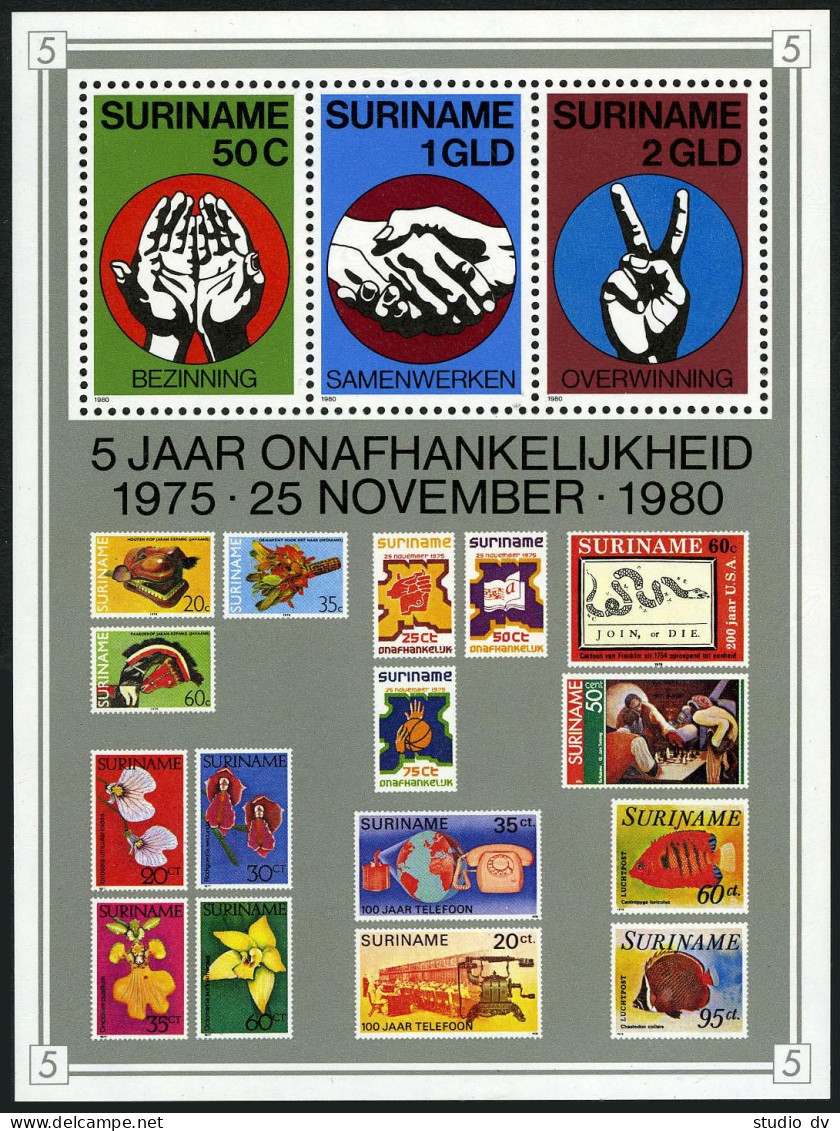 Surinam 562 Sheet, MNH. Mi Bl.27. Independence-5,1980. Basketball,Fish,Telephone - Surinam