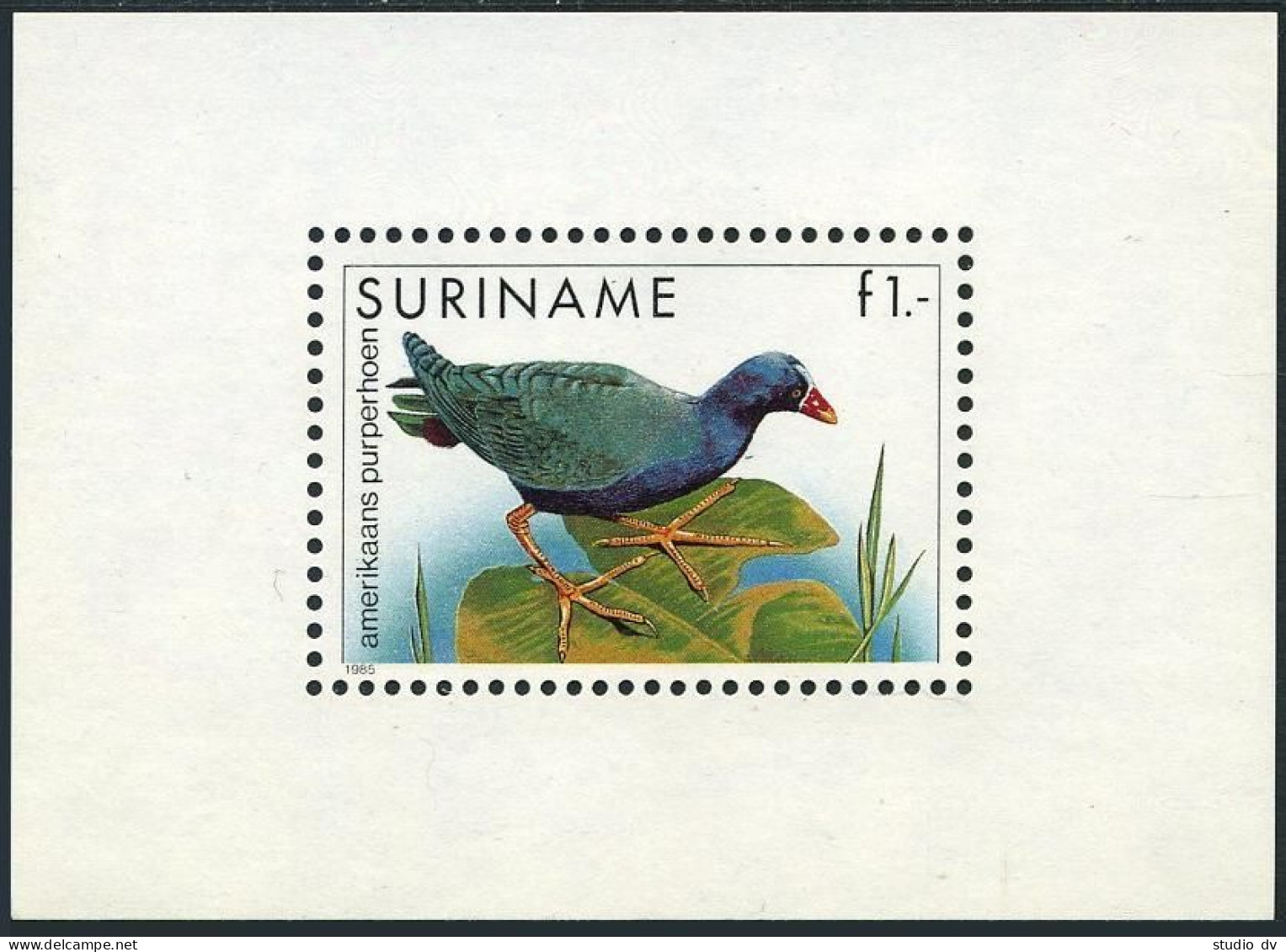 Surinam 725a, MNH. Michel Bl.43. Bird 1986. American Purple Fowl. - Surinam