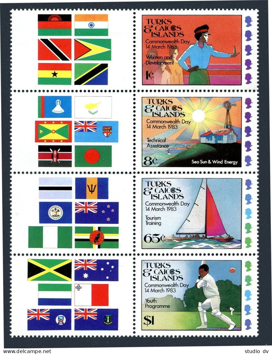 Turks & Caicos 555-558a Strip-labels, MNH. Commonwealth Day 1983. Sailing, - Turks And Caicos