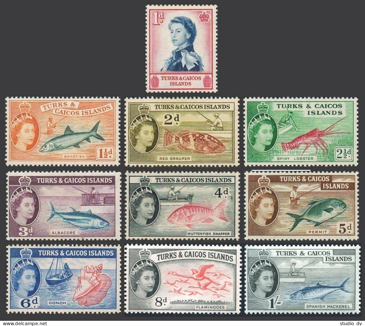 Turks & Caicos 121-130, MNH. Mi 163-172. QE II, 1957. Fish, Birds, Conch, Badge, - Turks & Caicos