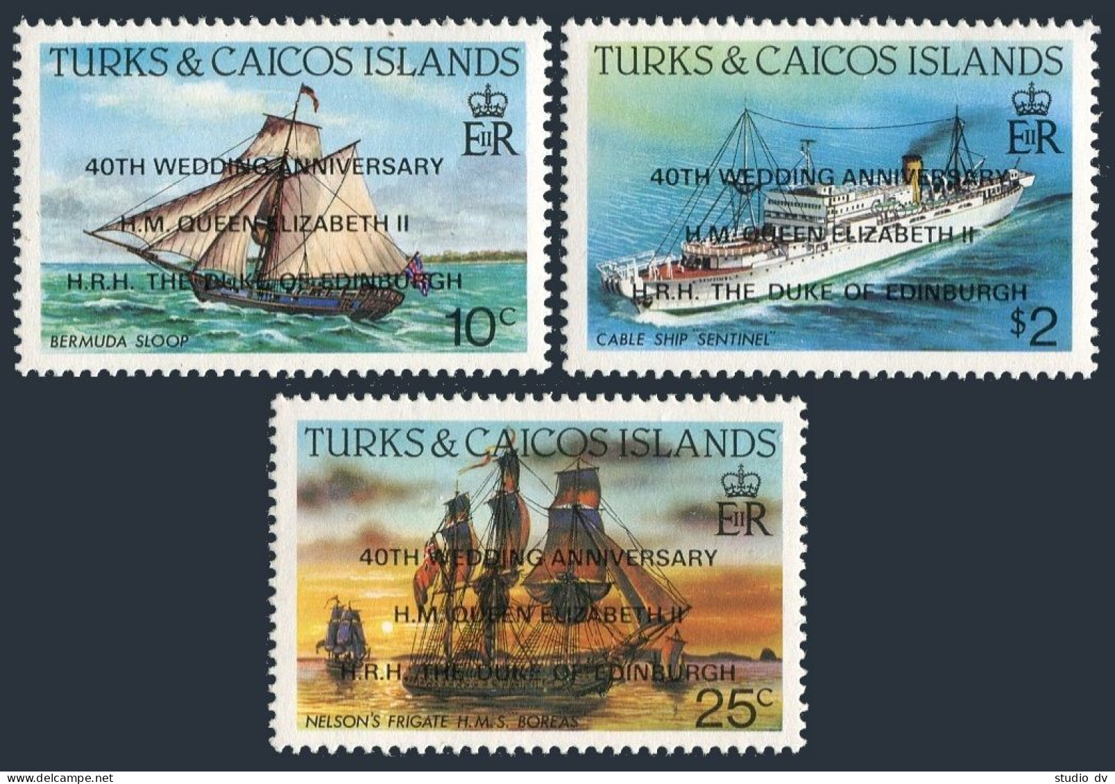 Turks & Caicos 744-746,MNH.Mi 811-813. Ships Overprinted,1988,QE II 40th Wedding - Turks & Caicos