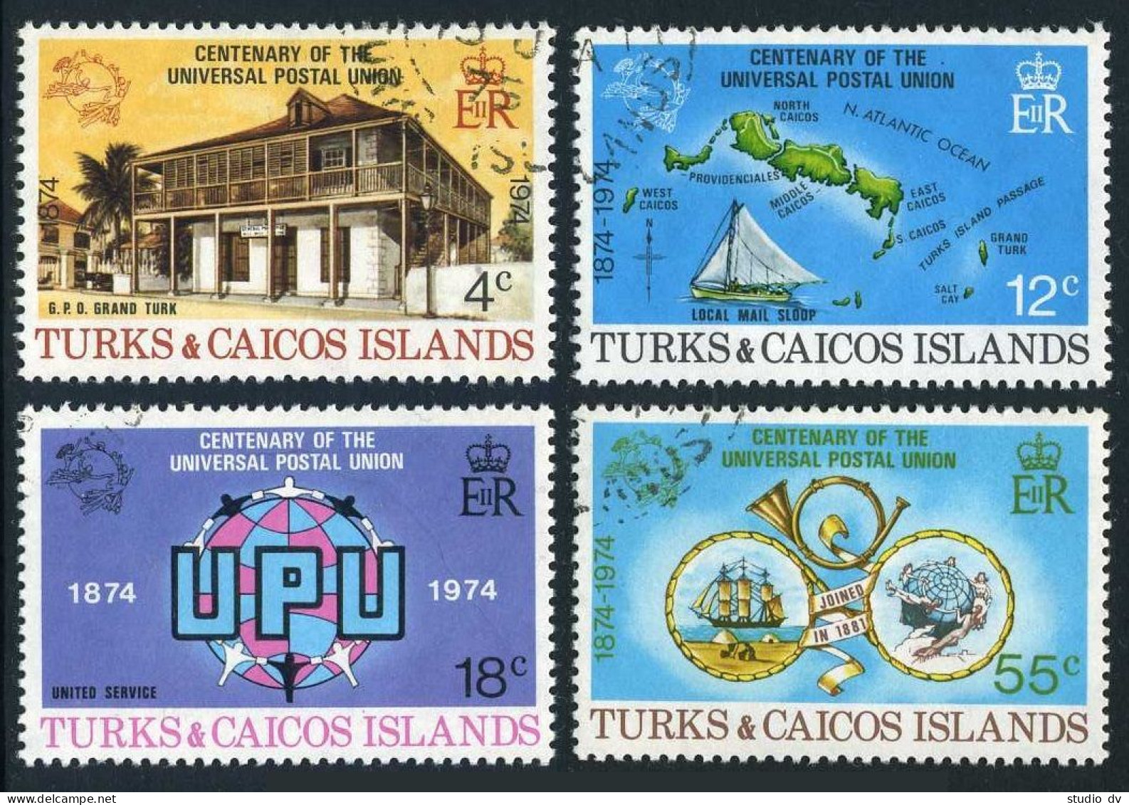 Turks & Caicos 293-296, CTO. Mi 335-338. UPU-100, 1974. Map, Sailing Ships,Horn. - Turks And Caicos