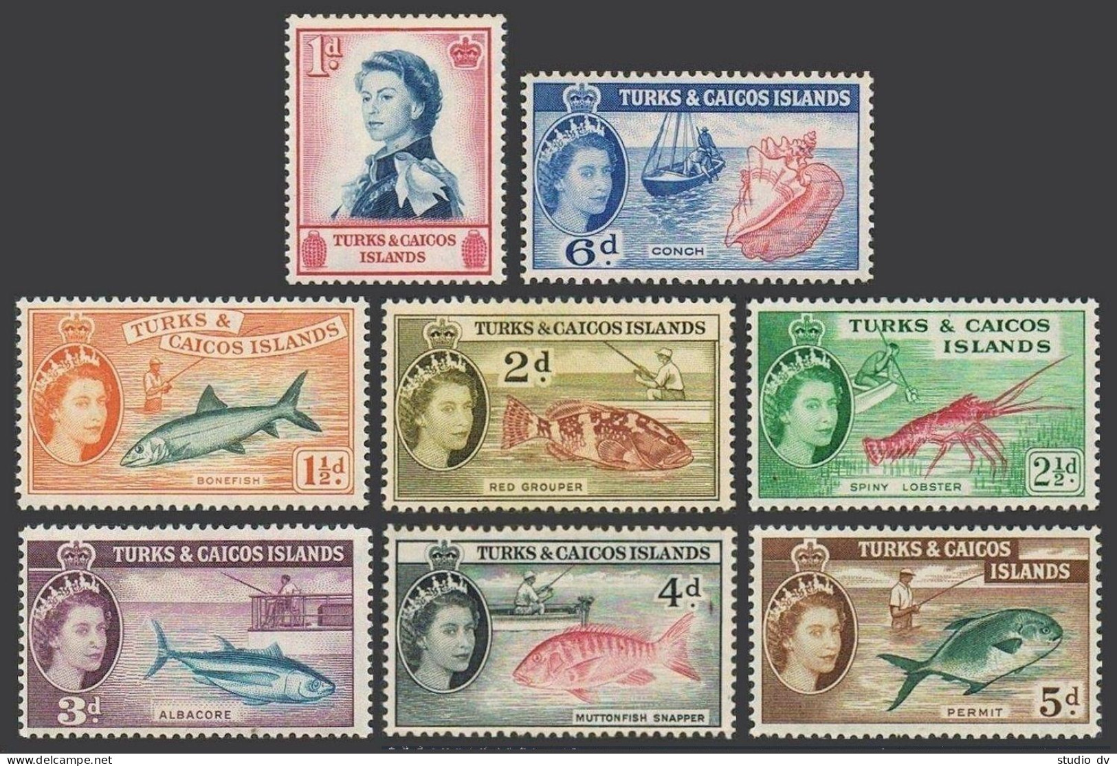 Turks & Caicos 121-128, MNH. Mi 163-170. QE II, 1957. Fish, Lobster, Conch,boat. - Turks And Caicos