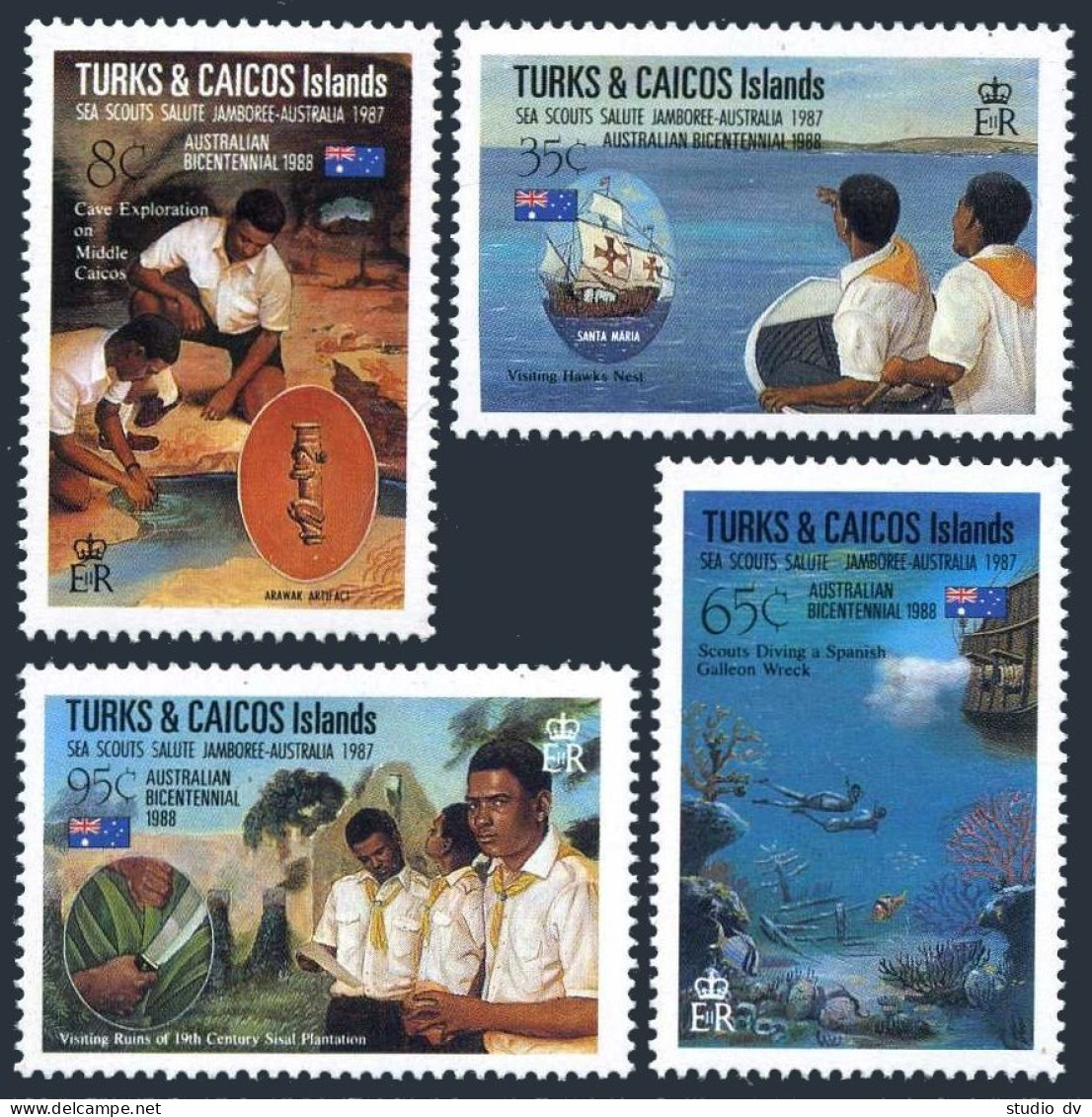 Turks & Caicos 739-743, MNH. Mi 806-809, Bl.71. Australia-200, 1988. Sea Scouts, - Turks And Caicos
