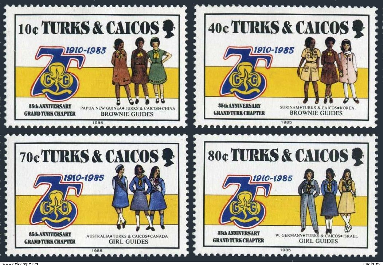 Turks & Caicos 705-709, MNH. Michel 772-775, Bl.64. Girl Guides, 1985. Uniforms. - Turks- En Caicoseilanden