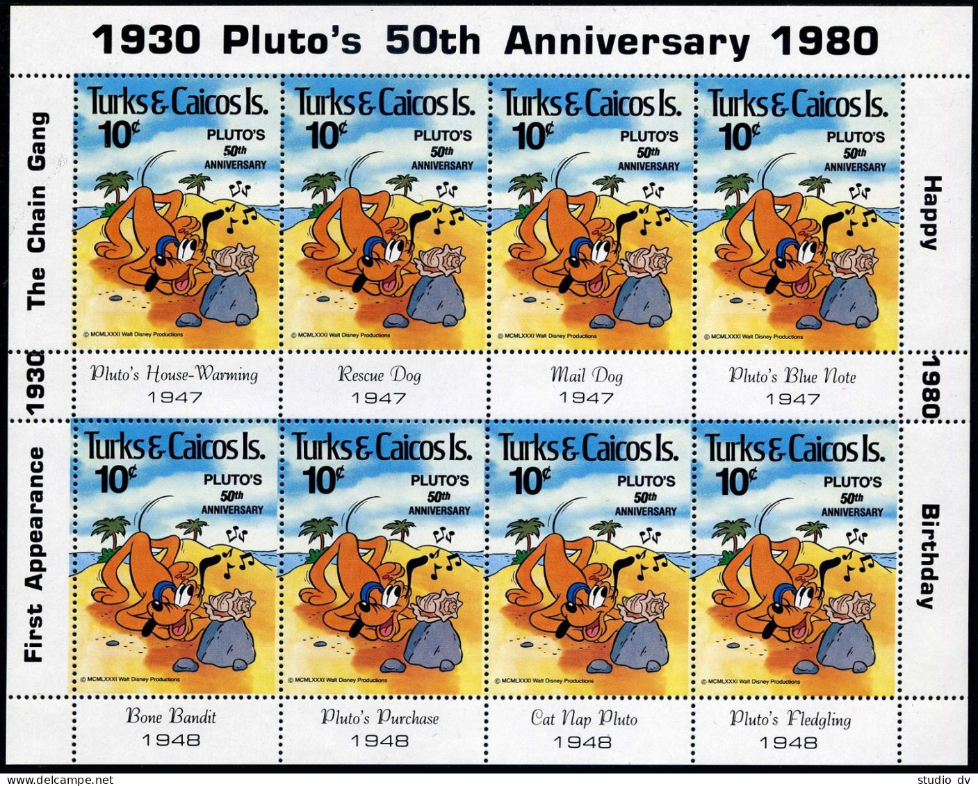 Turks & Caicos 468-469 Sheets,470. MNH. Walt Disney. Pluto-50,1981. Dogs,Dolphin - Turks & Caicos