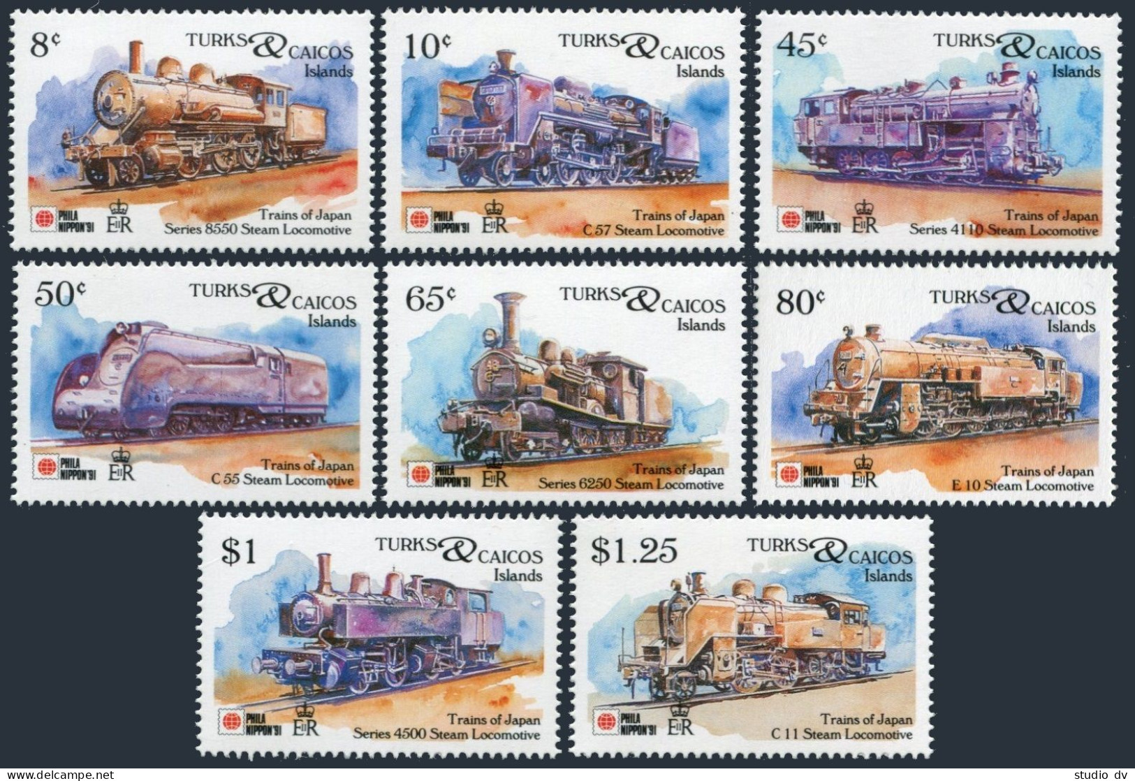 Turks & Caicos 943-950, 951-952, MNH. Mi 1027-1036. Japanese Locomotives, 1991. - Turcas Y Caicos