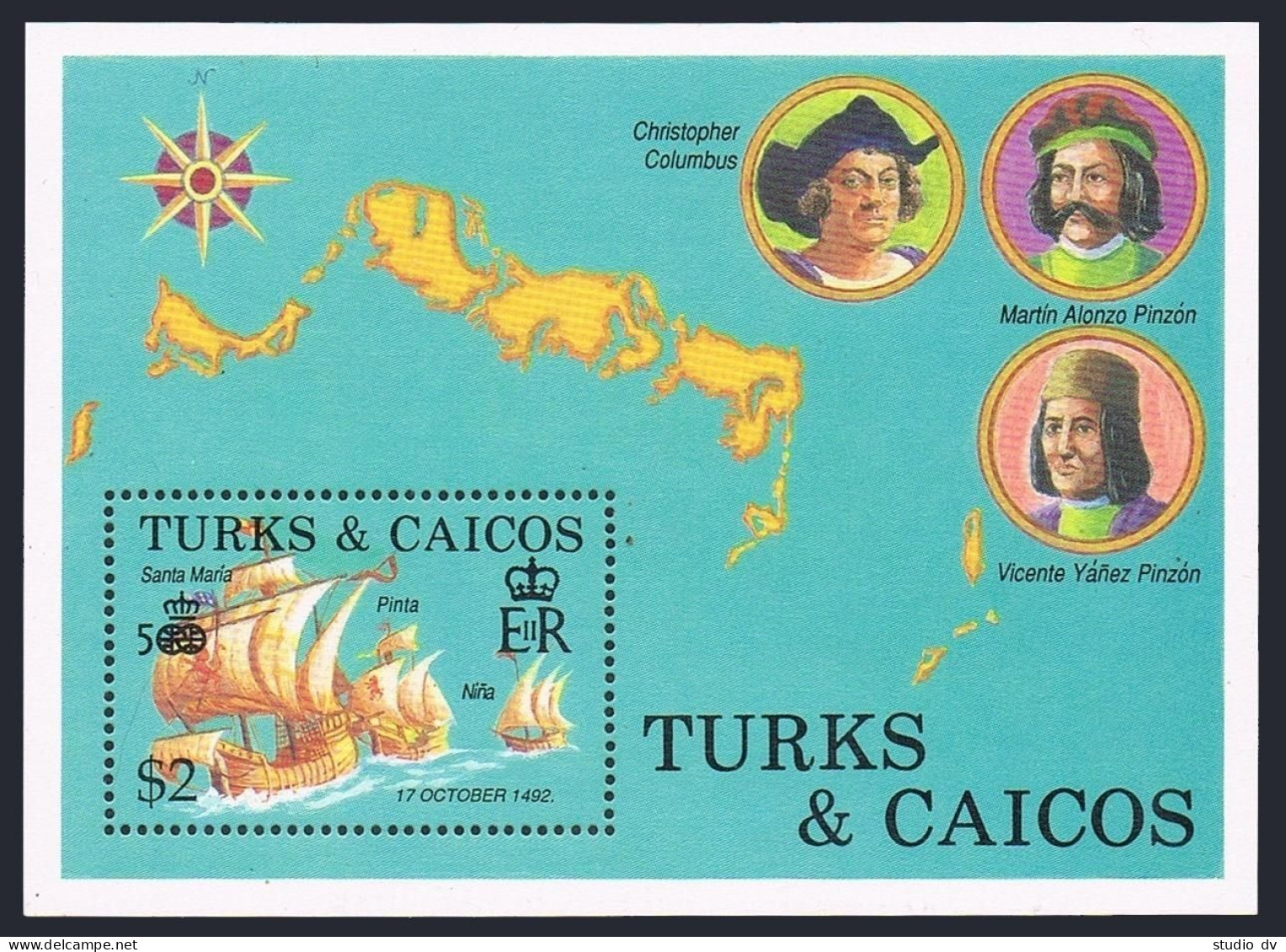Turks & Caicos 738, MNH. Mi 805 Bl.70. Discovery Of America-500. Ships. 1992. - Turks & Caicos
