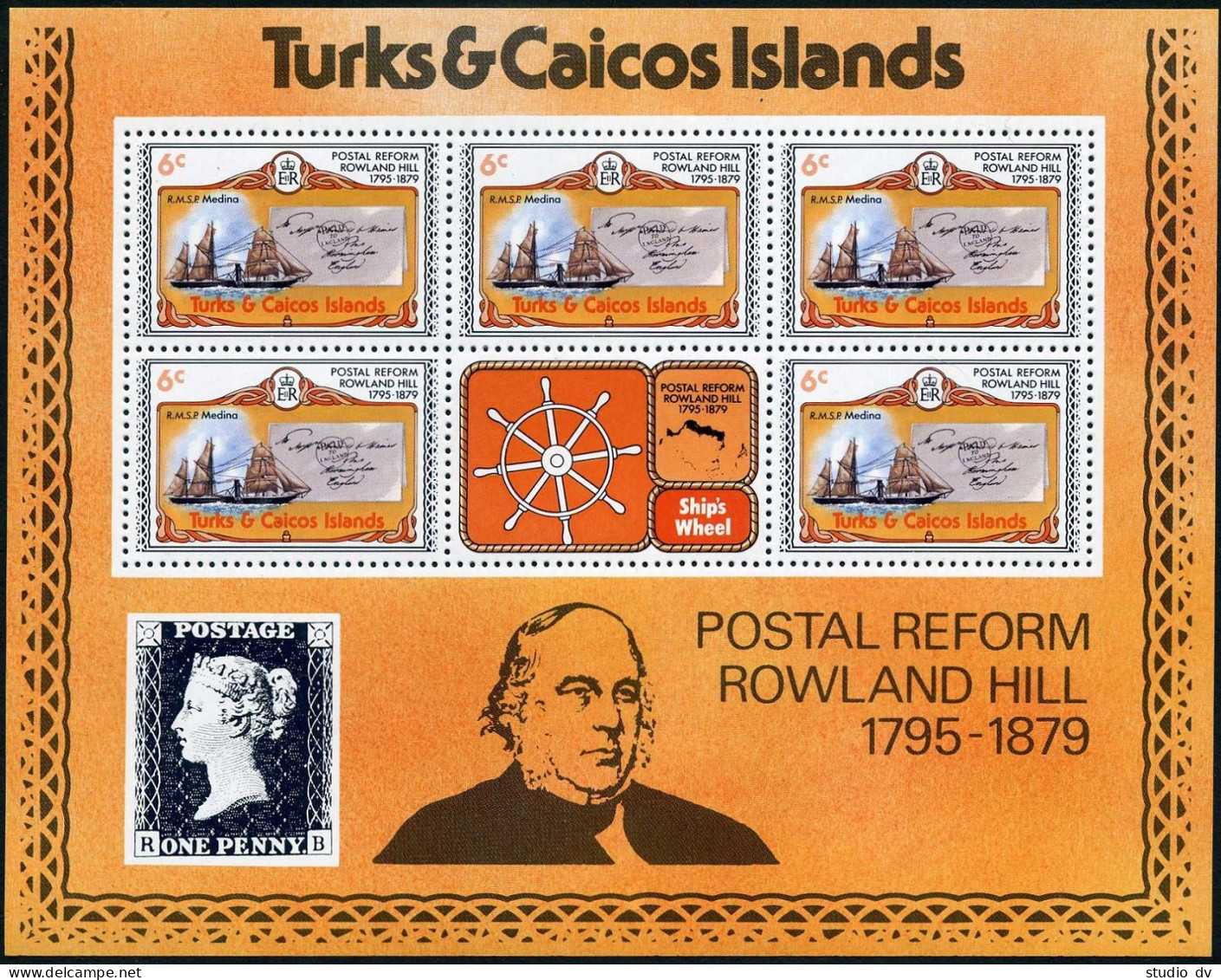 Turks & Caicos 391-395 Sheets,MNH.Mi 436-440C Klb. Sir Rowland Hill, 1979. Ship. - Turks And Caicos