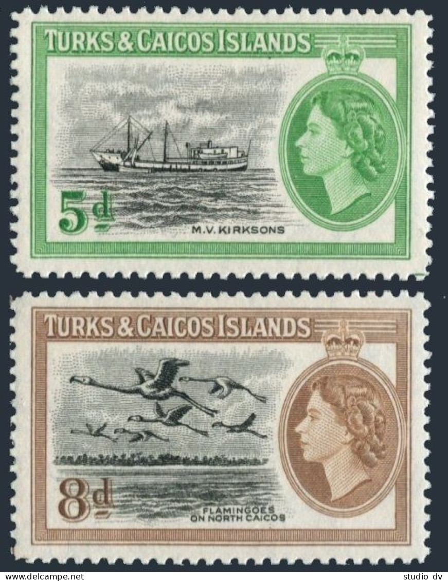 Turks & Caicos 119-120, MNH. Mi 161-162. QE II 1955. Ship M.V.Kirksons, Flamingo - Turks & Caicos