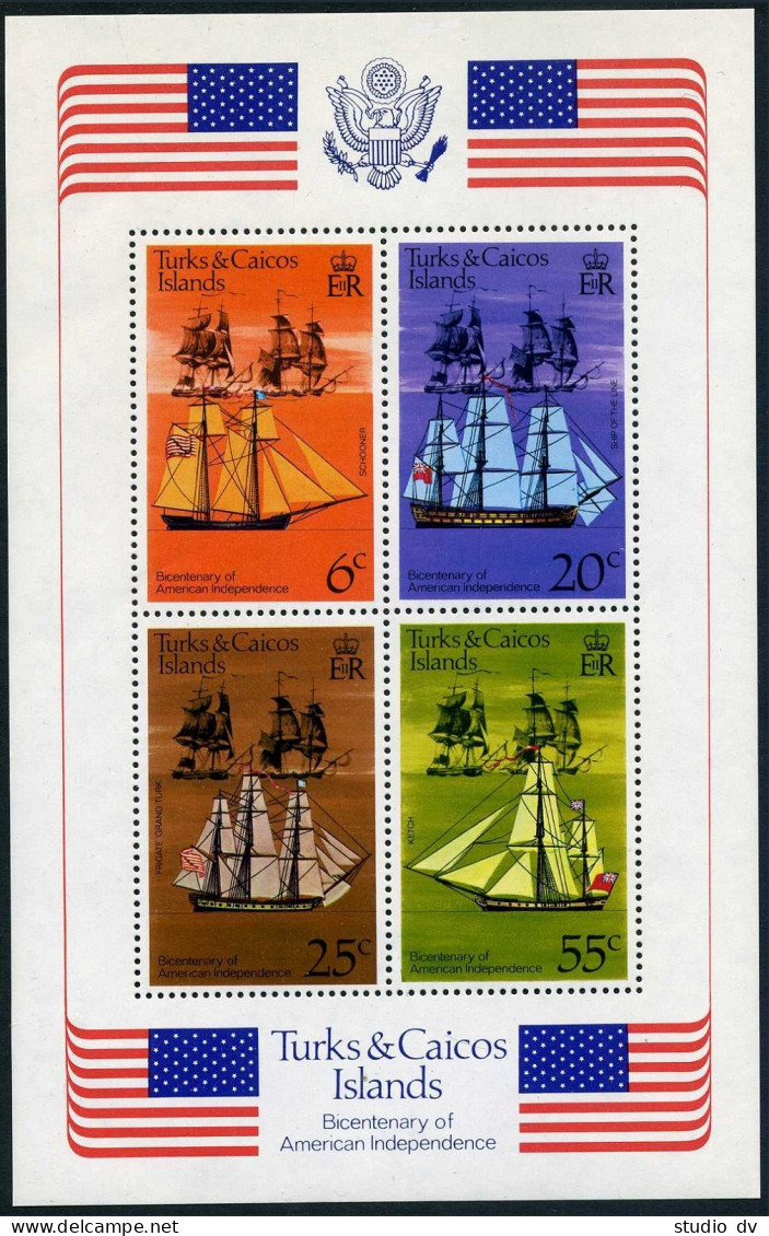 Turks & Caicos 311-314, 314a Sheet, MNH. Mi 353-356, Bl.6. USA-200, 1976. Ships. - Turks & Caicos (I. Turques Et Caïques)