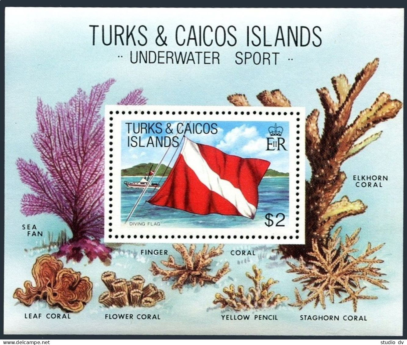 Turks & Caicos 495, MNH. Mi Bl.33. Underwater Sport 1981. Corals, Diving, Flag. - Turks- En Caicoseilanden