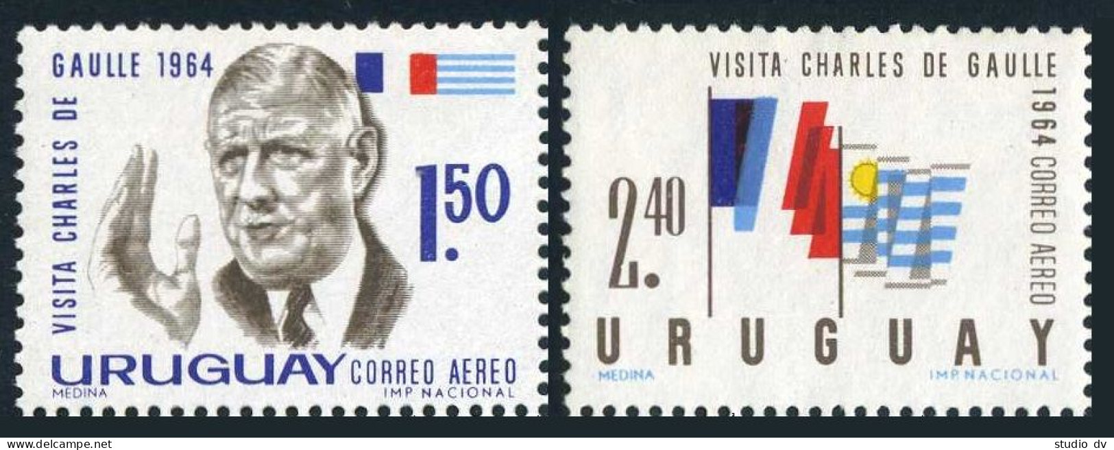 Uruguay C264-C265, Hinged. Mi 979-980. President Charles De Gaulle,1964. Flags. - Uruguay
