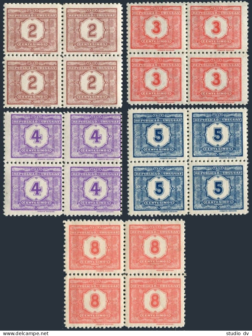 Uruguay J28-J32 Blocks/4, MNH. Michel P26-P30. Postage Due Stamps, 1938. Numeral - Uruguay