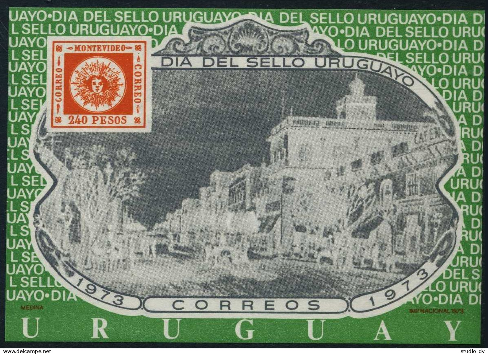 Uruguay 863 Sheet,MNH. Mi Bl.19. Stamp Day 1973.Stamp Sun 1859 And Street Scene. - Uruguay