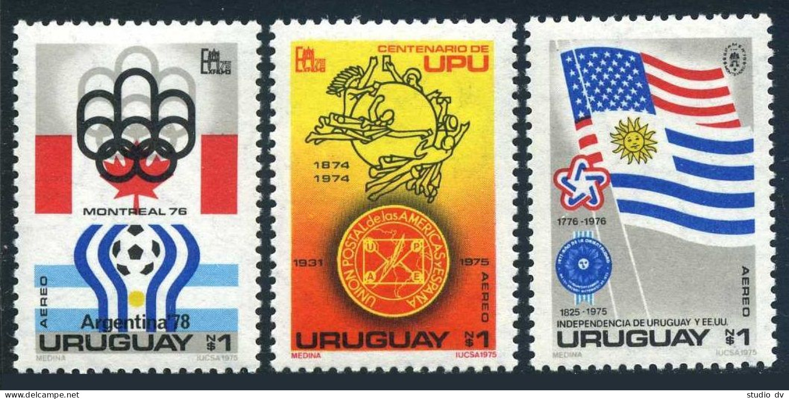 Uruguay C416-C418, MNH. Mi 1369-1371. UPU-100,USA-200,Soccer 1978,Olympics-1976. - Uruguay