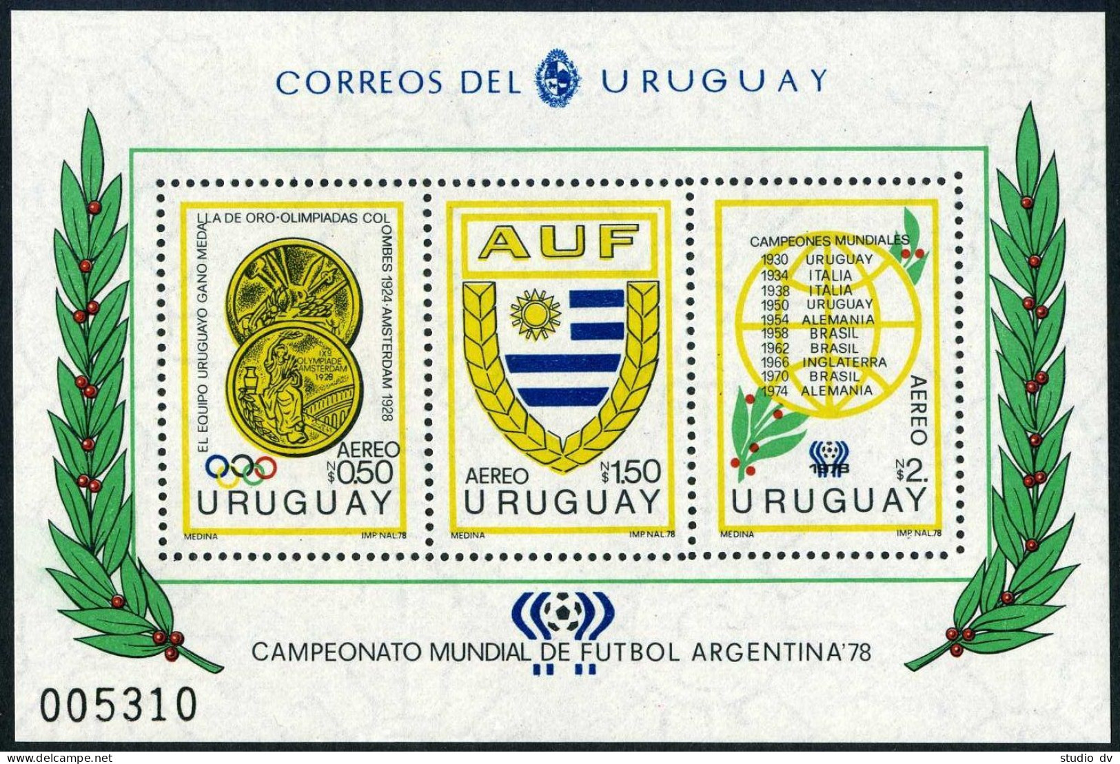 Uruguay C434 Ac Sheet, MNH. Mi 1499-1501 Bl.39. World Soccer Cup Argentina-1978 - Uruguay