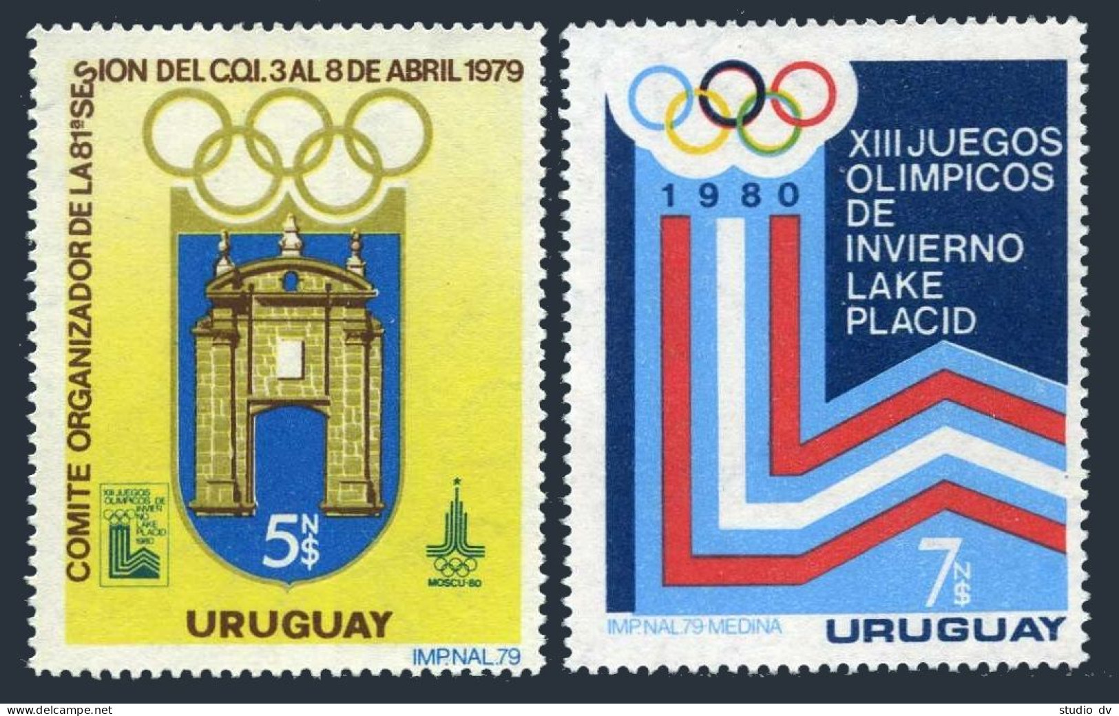 Uruguay 1019-1020, MNH. Olympics Lake Placid-1980, Moscow-1980. Arch, Emblems. - Uruguay
