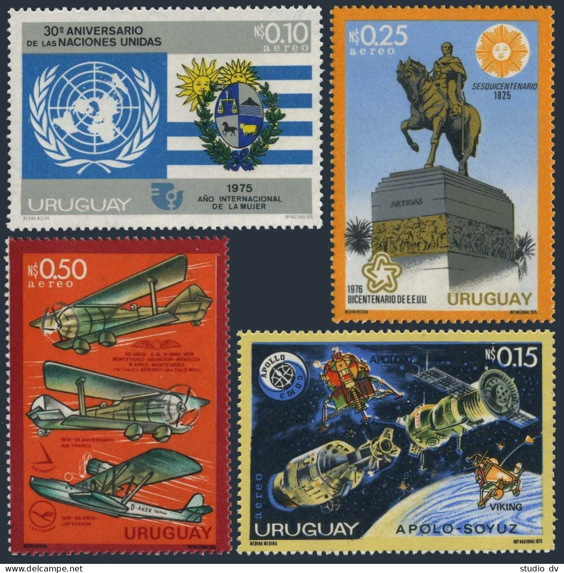 Uruguay C409-C412, MNH. Mi 1355-1358. UN, Apollo-Soyuz, Artigas, Aircraft. 1975. - Uruguay