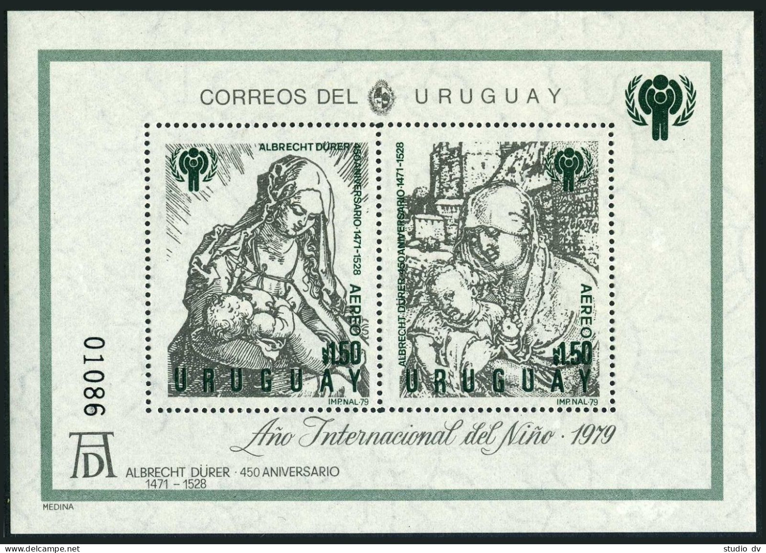 Uruguay 1040 Sheet/4, C436, MNH. Mi 1536 Klb,Bl.43 IYC-1979. Madonna-Child.Durer - Uruguay