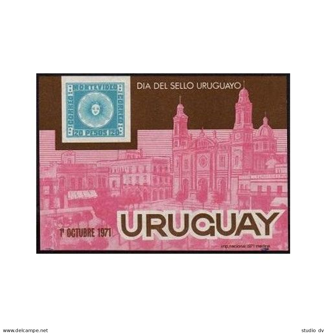 Uruguay 819, MNH. Michel 1230 Bl.14. Stamp Day 1971: Cathedral-Montevideo. - Uruguay