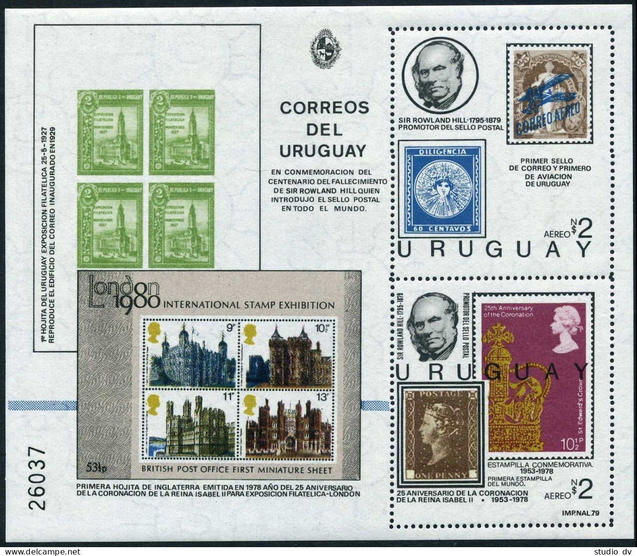 Uruguay C439 Ab Sheet, MNH. Mi Bl.45. Sir Rowland Hill, 1979. Airplane, Stamps. - Uruguay