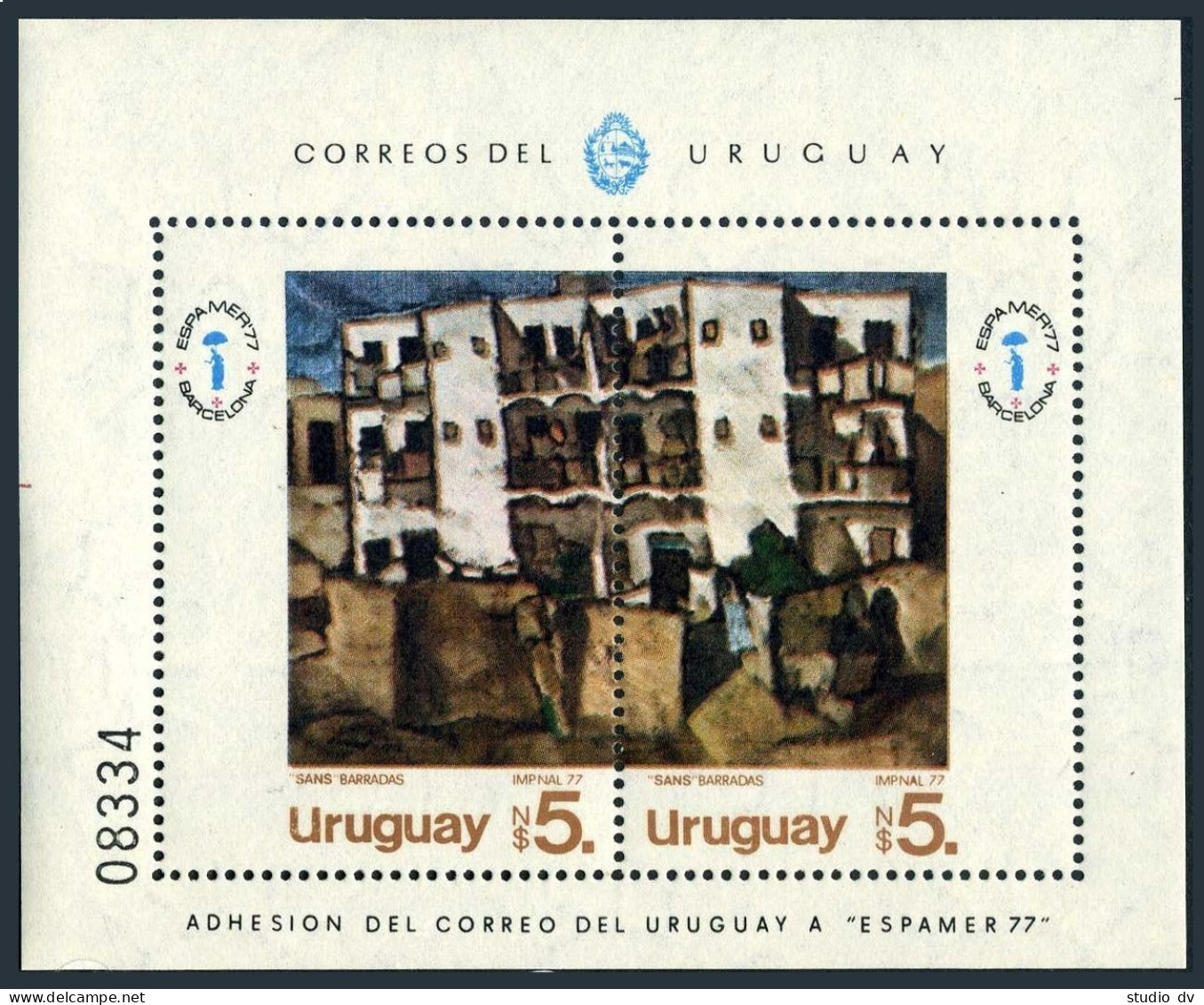 Uruguay 986 Ab, MNH.Mi 1470-1471 Bl.36. ESPAMER-1977. View Of Sans-Barcelona. - Uruguay