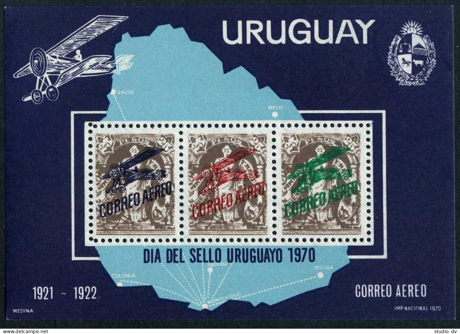Uruguay C375, MNH. Mi 1181-1183 Bl.13. Stamp Day 1970: First Air Post Issue. - Uruguay