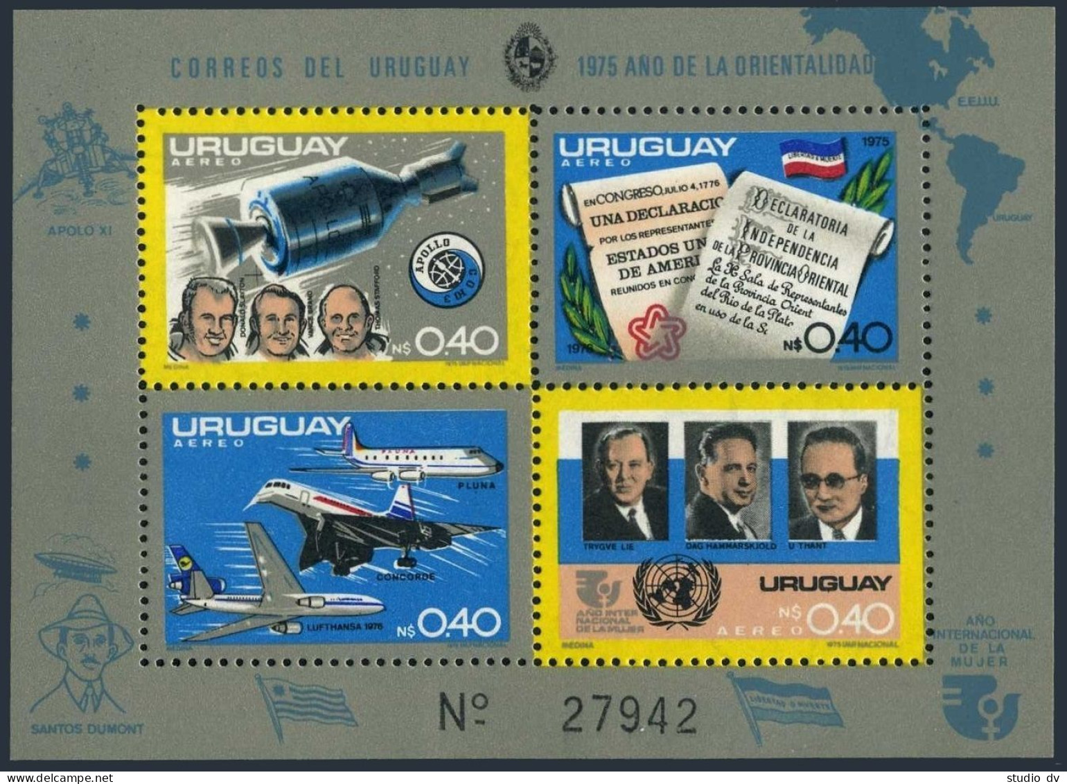 Uruguay C411,C413b,C414b, C413-C414 Sheets, MNH. USA-200,1976. Apollo, Concorde, - Uruguay