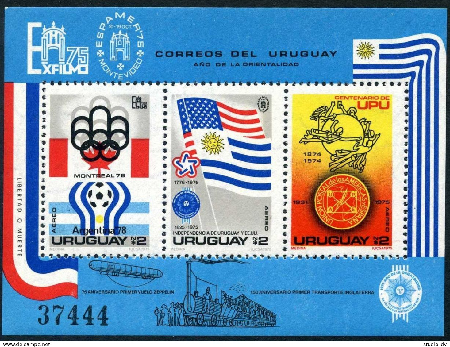 Uruguay C418, MNH. Mi Bl.28. UPU-100, USA-200, Soccer-1978, Olympics-1976. 1975. - Uruguay
