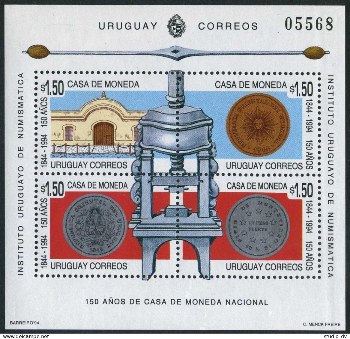 Uruguay 1550,1550a,MNH.Mi 2062-2065 Bl.65. Portions Of Old Coin Press,1994.Coins - Uruguay