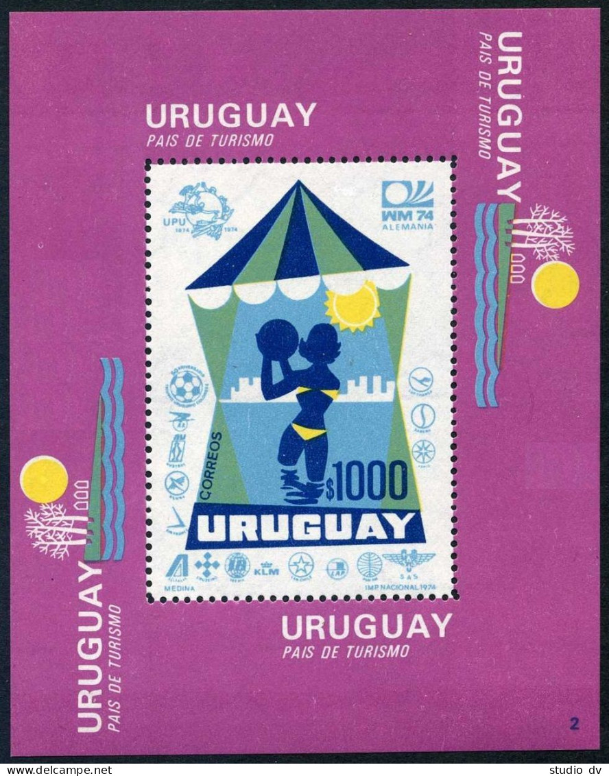 Uruguay 882, MNH. Michel 1306 Bl.20. Tourism. UPU-100. Soccer Cup Munich-1974. - Uruguay