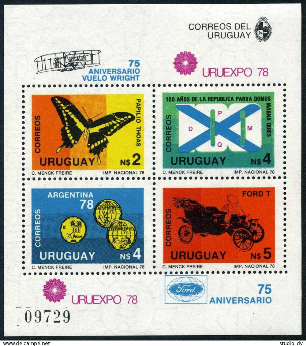 Uruguay 1007 Ad Sheet, MNH. Mi 1503-1506 Bl.40. URUEXPO-1978, Butterfly, Soccer, - Uruguay