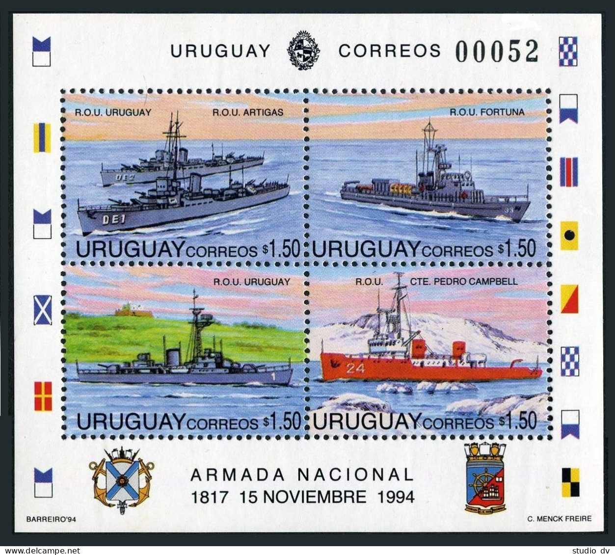 Uruguay 1551, MNH. Michel Bl.66. Navy Day 1994. ROU Uruguay, Furtuna, Artigas, - Uruguay