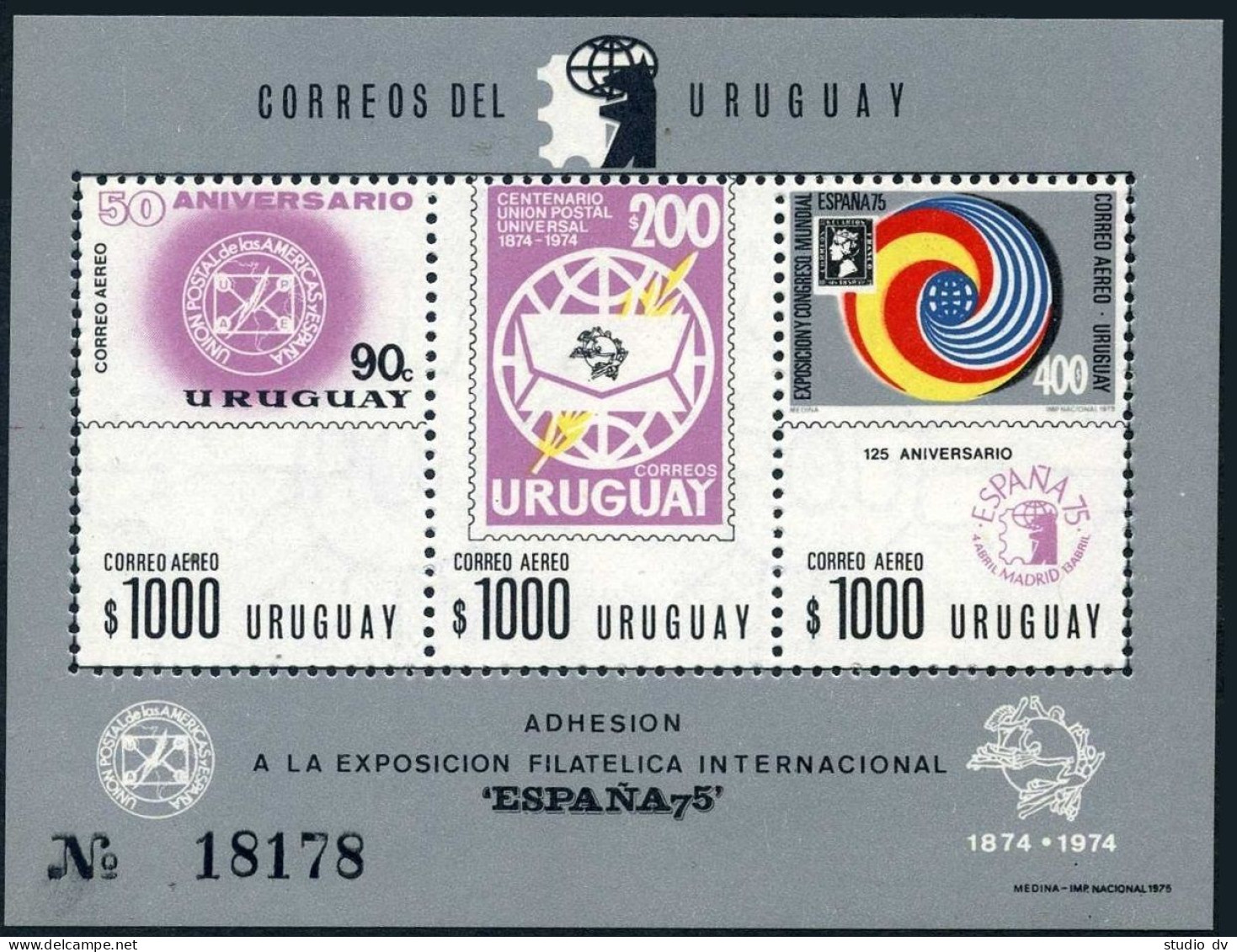Uruguay C403 Ac Sheet, MNH. Michel Bl.23. ESPANA-1975. UPU-100. - Uruguay