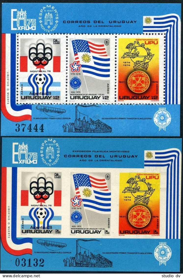Uruguay C416-C418,C418a,imperf, MNH. Mi 1369-1371,Bl.28 A,B. USA-200, Soccer-74. - Uruguay