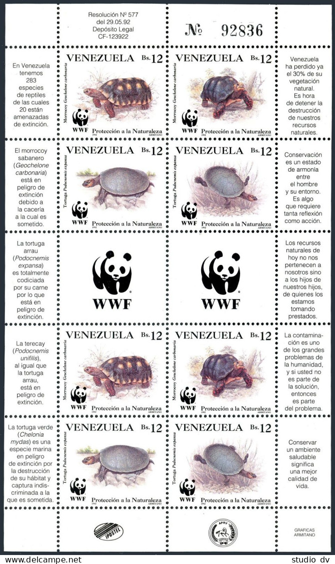 Venezuela 1471 Adx2 Sheet. MNH. Michel 2729-2732 Klb. WWF 1992. Turtles. - Venezuela
