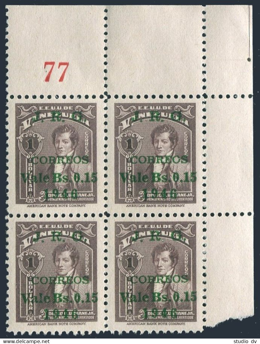 Venezuela 396 Plate Block/4,MNH.Michel 459. Diego Urbaneja Surcharged, 1947. - Venezuela